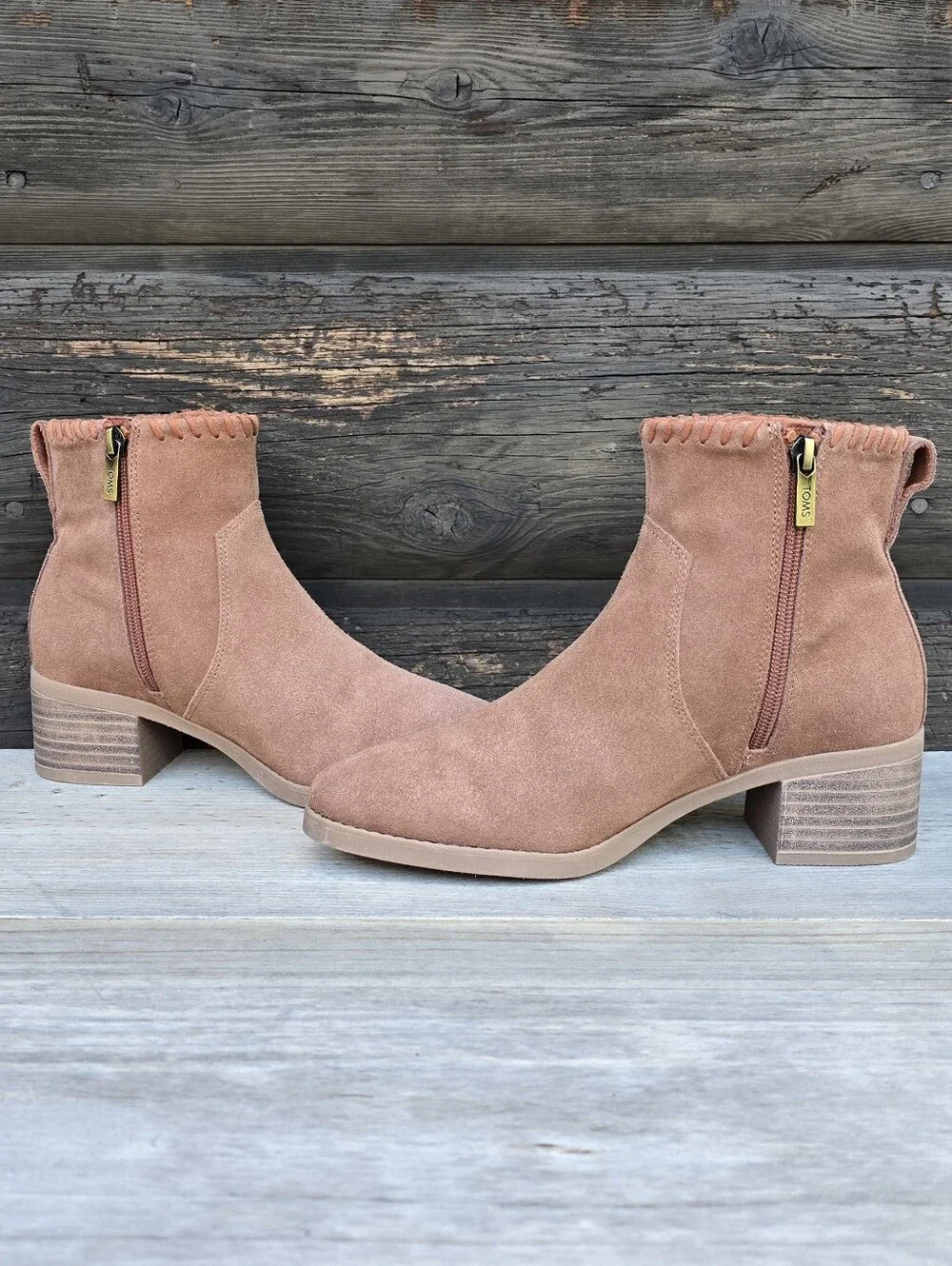 Toms NEW Delilah Western Boho Minimalist Suede Whipstich Block Heel Bootie 6.5M